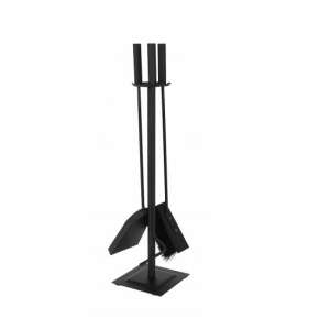 Black fireplace tool set with stand, includes poker, brush, and shovel - Fireplace & Stove