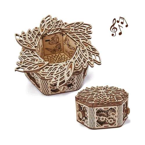 Puzzle 3D mecanic, Floare misterioasă, lemn, 278 piese, cutie muzicală, compartimente secrete, cadou, artizanat