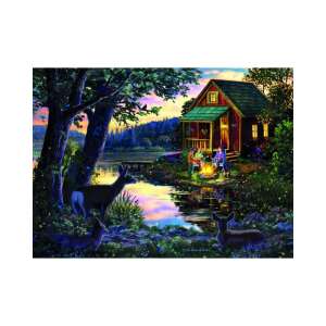Lakehouse XL wooden jigsaw puzzle with 750 pieces, featuring a cabin by the lake with deer and people enjoying a campfire at sunset - Puzzle