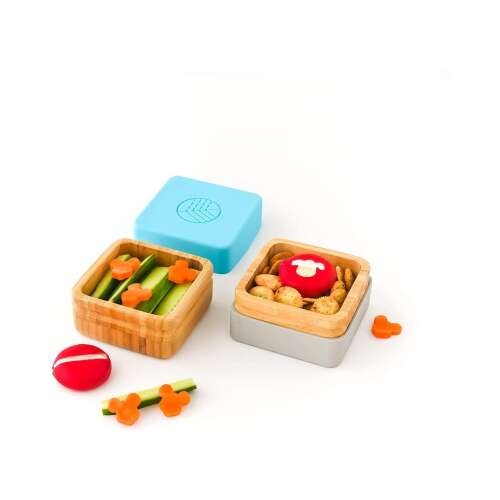 Eco Rascals 2-dielna sada bambusových snack kontajnerov, modrá a sivá, s príkladmi jedla