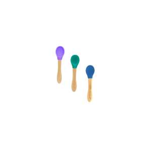 Set of 3 bamboo baby spoons with silicone tips in purple, green, and blue - Children's cutlery