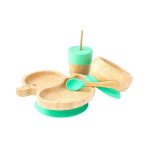 Set de vase pentru bebeluși Ecorascals din bambus verde cu bază de aspirație, include farfurie, bol, cană și lingură - Servicii de masa pentru copii