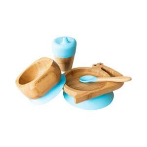 Ecorascals Bamboo Baby Feeding Set with Blue Silicone Suction Base, includes bowl, plate, cup, and spoon - Children's dinnerware set