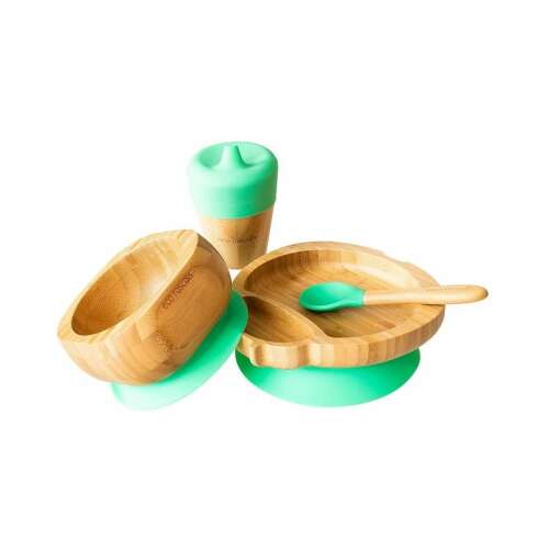 Ecorascals Katicabogár Bamboo Dinner Set, Green, includes bowl, plate, cup, and spoon
