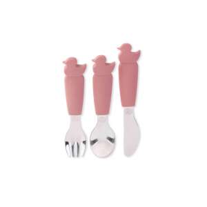 Ecorascals pink duck cutlery set for toddlers, includes fork, spoon, and knife with soft silicone handles - Children's cutlery
