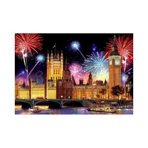 London bei Nacht XL Holzpuzzle, 600 Teile, zeigt eine Nachtszene von London mit Feuerwerk über dem Houses of Parliament und Big Ben - Puzzle & Rätsel
