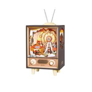 Mechaniczna 3D puzzle, Skrzynka muzyczna, Karnawał w telewizji, 174 części, w stylu vintage TV, z obracającym się kołem widokowym, oświetleniem i muzyką - Rolife