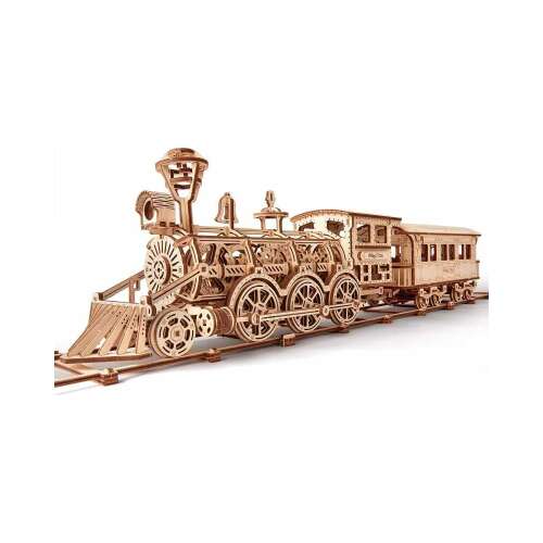 Drevený 3D puzzle model parnej lokomotívy s osobným vozňom, model R17, 405 dielov
