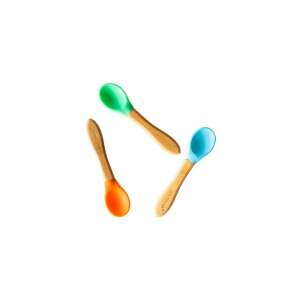 Set of 3 bamboo baby spoons with silicone tips, blue, green, and orange - Children's cutlery
