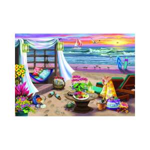 Puzzle din lemn Summertime L de la Puzzle Din Lemn, cu o scenă de plajă cu hamac, șezlonguri și o masă cu mâncare și băuturi - Puzzle 3D & Puzzle cu burete