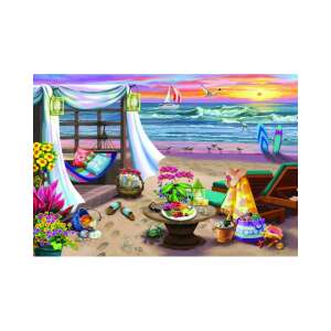 Summertime XL wooden jigsaw puzzle with 750 pieces, depicting a beach scene with a hammock, chairs, and a table with food and drinks - Puzzle