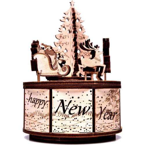 Puzzle 3D mecanic, carusel de Crăciun cu Moș Crăciun, lemn, 97 piese, cutie muzicală de Crăciun, Moș Crăciun, reni, brad de Crăciun, rotativ, muzică