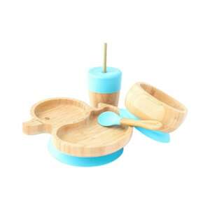 Ecorascals Blue Duck Bamboo Dinnerware Set for Baby, Toddler, and Kids, with Suction Base, BPA Free, Eco-Friendly, 4 Piece Set - Children's dinnerware set