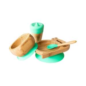 Ecorascals Bamboo Baby Feeding Set with Suction Base, Green, includes bowl, plate, cup and spoon - Children's dinnerware set