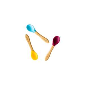 Set of 3 baby spoons, blue, red, yellow, made of bamboo and silicone, eco-friendly - Children's cutlery