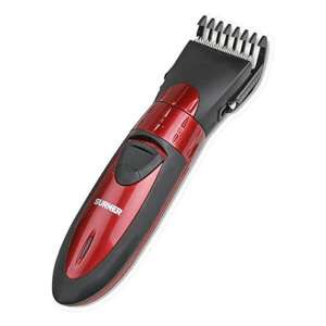 Surker HC-7068 cordless hair clipper, red and black, angled view - Surker