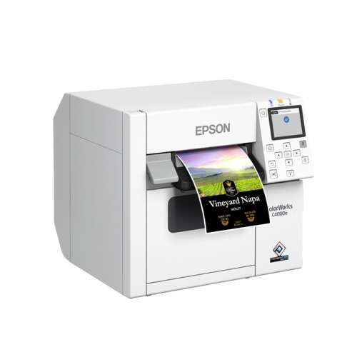 Epson ColorWorks C4000e label printer, printing a label with a vineyard design