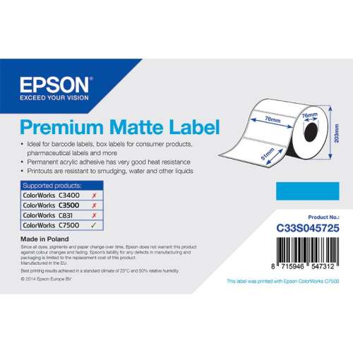 Epson prémium matt címke tekercs, 76mm x 51mm, 203mm, Epson ColorWorks C7500 nyomtatóhoz