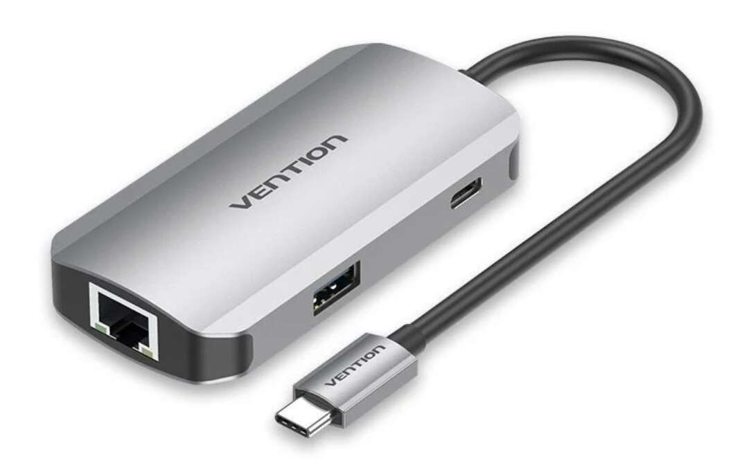 Vention USB-C -> USB3.0x3/RJ45/PD (0,15m Szürke Aluminum Ötvö...