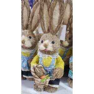 35cm straw Easter bunny with basket, yellow polka dot shirt and blue dress, perfect for Easter decorations - Easter decoration