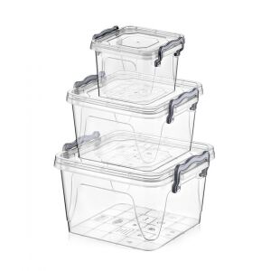 Set de recipiente pătrate transparente din plastic pentru depozitarea alimentelor, 3 dimensiuni - Depozitare și organizare