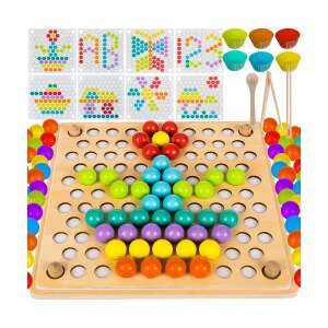 Holzbead-Puzzle mit bunten Perlen und Vorlagen zum Erstellen von Mustern, Zahlen und Buchstaben - Kruzzel