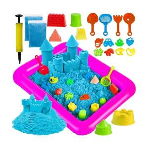Kruzzel Kreativer Sand 2 kg mit aufblasbarem Sandkasten und Formen, blauer Sand, rosa Sandkasten, bunte Formen, Schaufeln, Rechen, Sieb und Trichter - Strandspielzeug