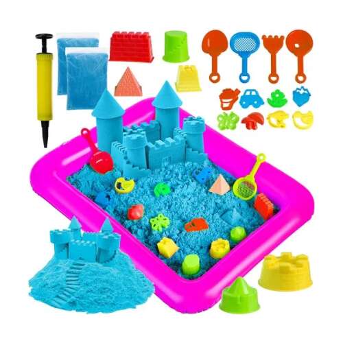 Kruzzel Nisip Creativ 2 kg cu Cutie de Nisip Gonflabilă și Matrite, nisip albastru, cutie de nisip roz, matrițe colorate, lopeți, greblă, sită și pâlnie