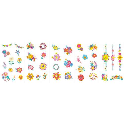 Körömmatricák és tetoválások virágmintákkal