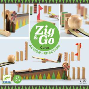 Djeco Zig & Go Curve Acțiune-Reacție jucărie din lemn, 27 de piese, blocuri de construcție, pistă de marmură, reacție în lanț, domino, pentru copii - Joc de construcție din lemn