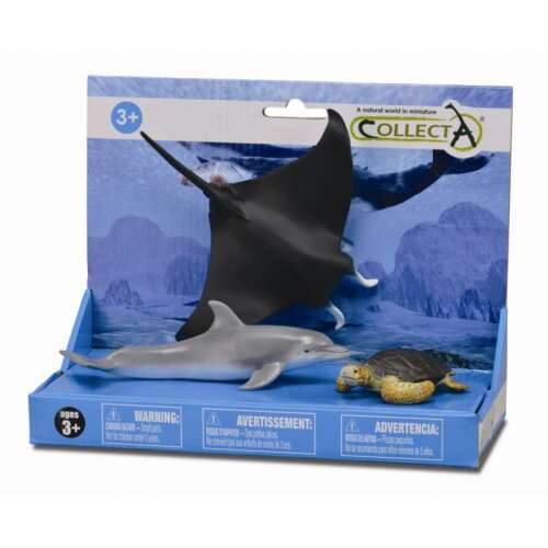 Collecta 3 piece sea life figure set, includes a manta ray, dolphin, and sea turtle