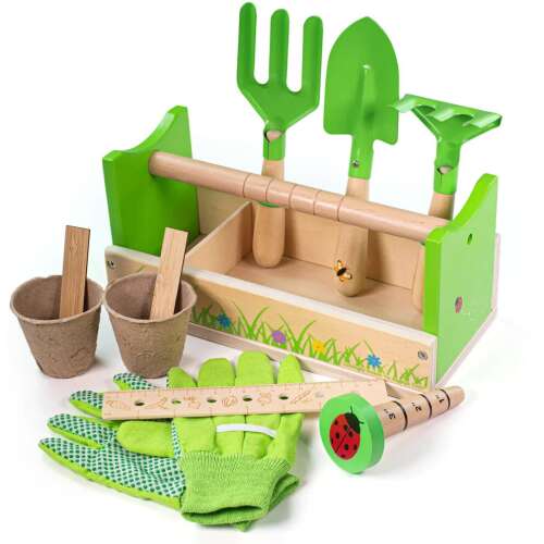 Bigjigs 11-teiliges Gartenwerkzeug-Set für Kinder, enthält Werkzeuge, Töpfe, Handschuhe, Lineal und Saatgutstarter, grün und braun, 3+