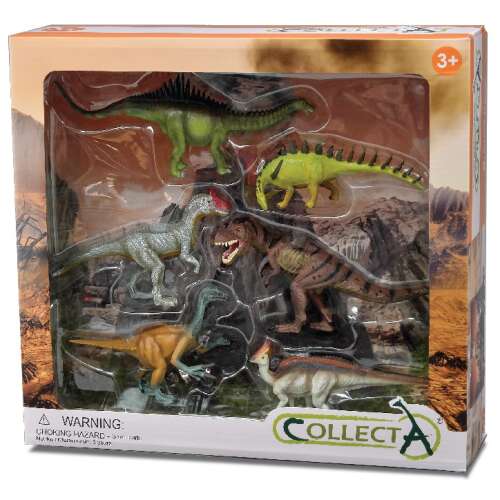 Collecta 6 piece dinosaur figure set, hand painted, includes Tyrannosaurus Rex, Triceratops, Stegosaurus, Velociraptor, and more