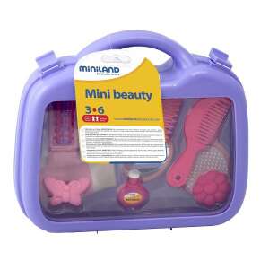 Miniland Mini Beauty Playset, pretend play beauty set for girls, includes hairbrush, mirror, perfume bottle, hairdryer, comb and other accessories, 12 pieces, purple case - Vanity Table, Makeup Set, Fragrance