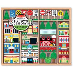 Melissa & Doug My Town Wooden Accessory Set with 30+ pieces including buildings, signs, trees, and fences - Figure