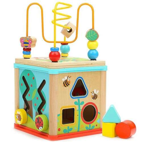 In Garden Top 5 in 1 Activity Cube wooden toy for toddlers, featuring a shape sorter, clock, maze, bead maze, and gears