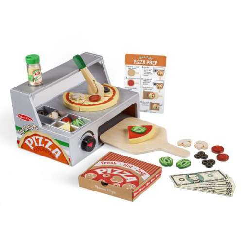 Melissa & Doug Top & Bake Pizza Counter zestaw do zabawy w jedzenie dla dzieci, w tym piekarnik do pizzy, dodatki do pizzy, nóż do pizzy i pieniądze do zabawy