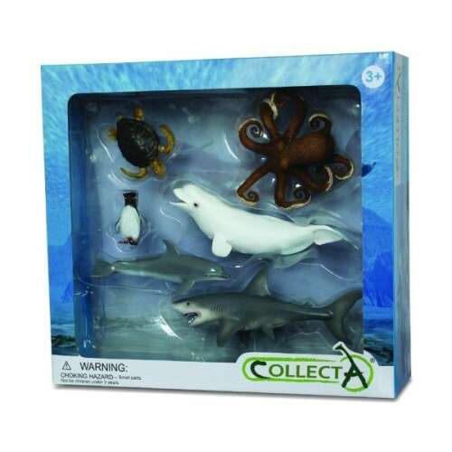 Collecta 6-piece ocean animal figure set, including a shark, dolphin, octopus, penguin, turtle, and beluga whale