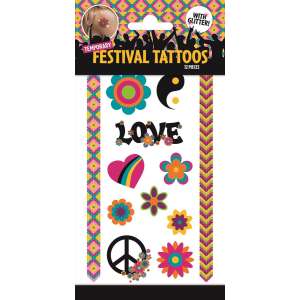 Temporary festival tattoos with glitter, 12 pieces, includes peace sign, heart, flowers, yin yang, and more - Tattoo
