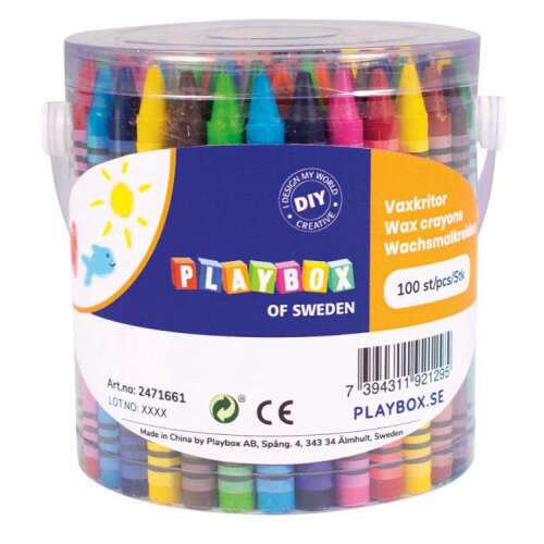 Playbox of Sweden 100 piece wax crayon set in a plastic bucket