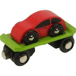Bigjigs Toys Wooden Train Car Transporter with Red Car - Bigjigs