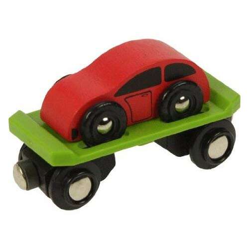 Bigjigs Toys Wooden Train Car Transporter with Red Car