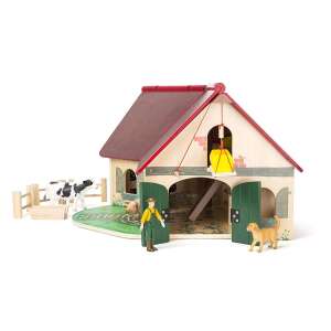 Wooden farm playset with barn, cows, dog, farmer, and accessories - Figure