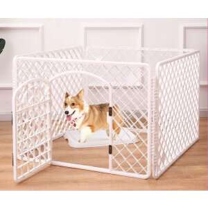 Pepita 4-panel dog playpen, white, with dog inside - Dog Kennel & Run