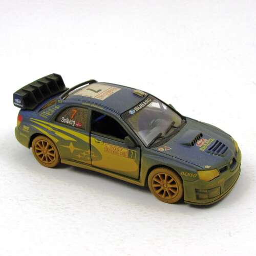 Kinsmart Subaru Impreza rali autó modell, 1:32 méretarányú, kék és sárga színű, nyitott ajtókkal - Játék autó