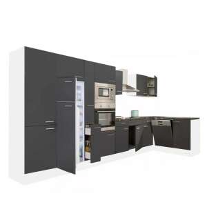 Yorki 430 Eckküchenblock mit weißem Korpus und seidenmatt anthrazitfarbener Front inklusive Kühlschrank - Küchenmöbel-Sets