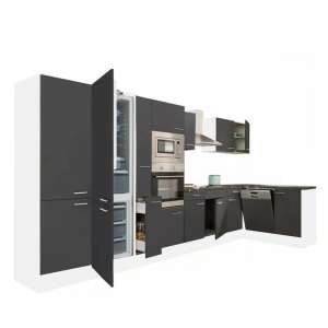 Bloc de bucătărie de colț Yorki 430 cu corp alb și fronturi antracit mătăsoase, inclusiv dulap pentru frigider - Seturi de mobilier de bucătărie