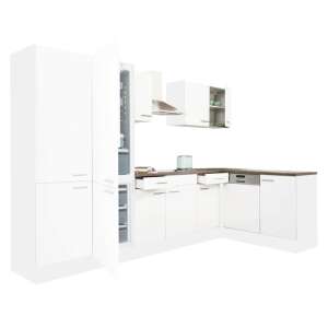 Yorki 340 weiße Eckküchenzeile mit Kühlschrank und Regalen - Küchenmöbel-Sets