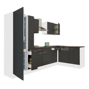 Yorki 310 Eckküchenblock mit Kühlschrank und anthrazitfarbenen Fronten - Leziter