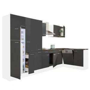 Yorki 370 Eckküchenblock mit weißem Korpus und seidenmatt anthrazitfarbener Front, inklusive Regaleinheit und Kühl-Gefrierkombination - Leziter